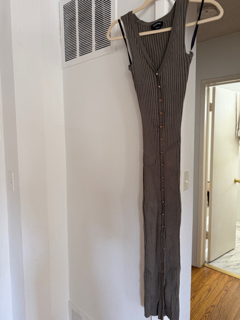 bebe Olive-Taupe Ribbed Button-Front Maxi Dress